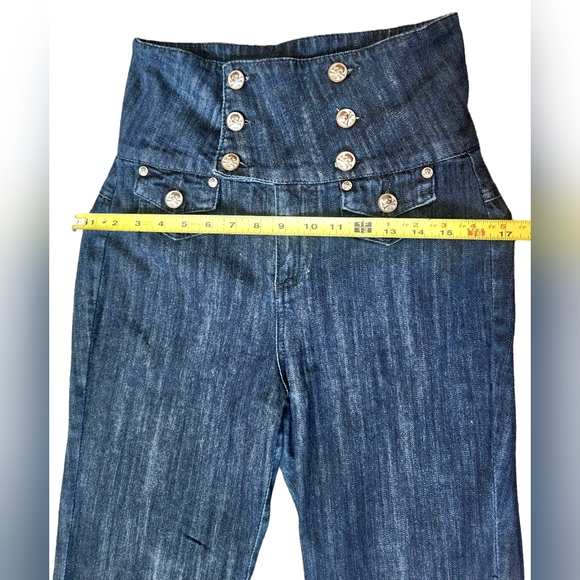 Vintage Y2K YNQ Ultra-High Rise Dark Wash Goth Flare Skull Jeans / Size 9 - Picture 7 of 10